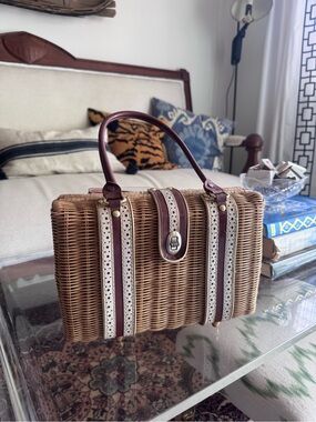 Vintage Woven Straw Top-Handle Bag with Trim